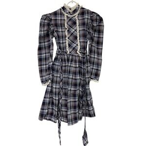 Vintage Plaid Dress Lace Trim High Neck Long Sleeve Cottagecore Size 14‎